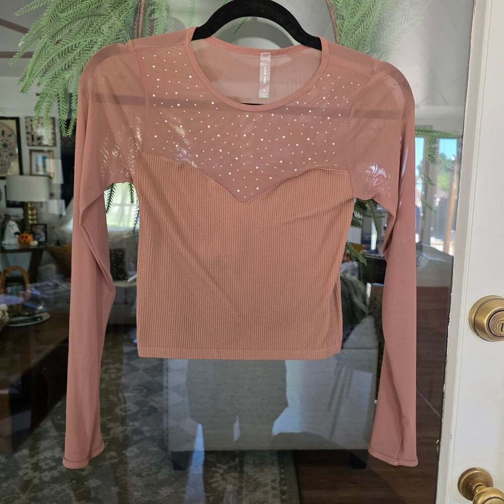 Womans size Smal Love Tree Rhinestone Mesh Top Pink Ribbed
